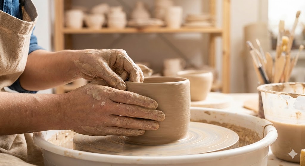 Potier façonnant un vase en argile sur un tour de potier.